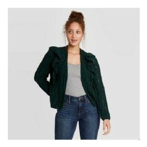 Universal Thread Women's Long Sleeved Open Front Ruffle Green Cardigan Sweater